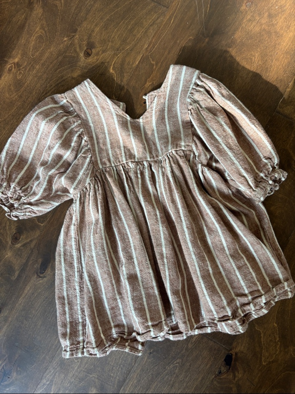 Rylee + Cru Brown and White Striped Puff-Sleeve Dress